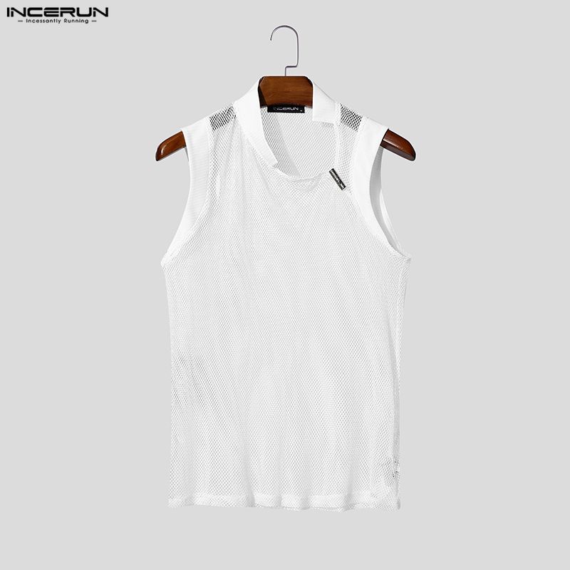 INCERUN Men Cutout Neck Sleeveless Mesh See Through Stitching Tank Tops