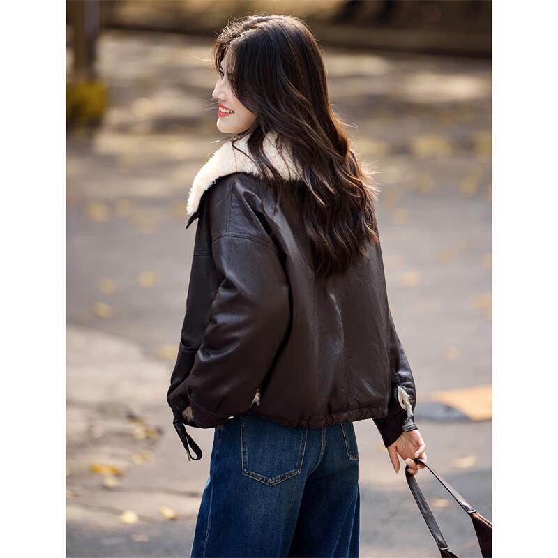 XINFEIYU Women's Winter Faux Lamb Wool Lined PU Leather Lapel Coat