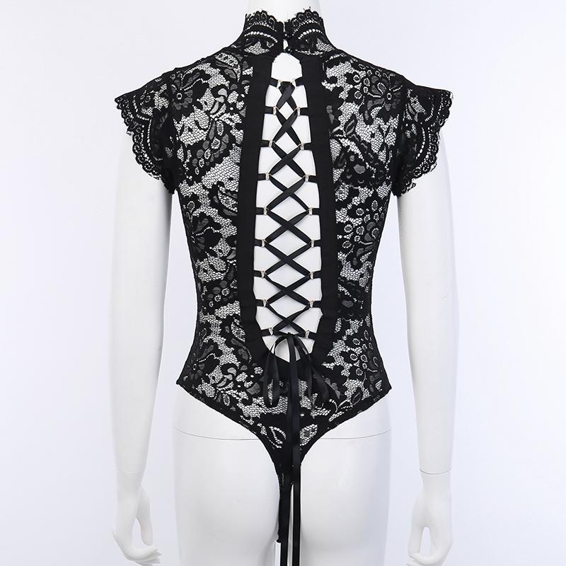 Women Exotic Sexy Underwear Turtleneck Transparent Lace Bodysuit Bow Sleeveless Cross Bandage Elegnat Erotic Lingerie Sex Dress