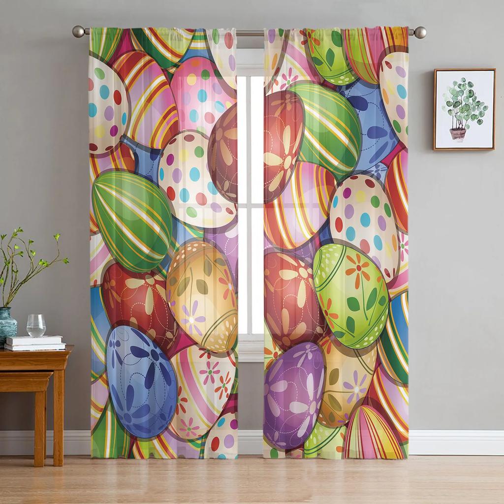 Happy Easter Curtains Bedroom Living Room Festival Decor Flower Bicycle Cartoon Rabbit Tulle Curtain Window Drapes Light Filtering Polyester Ideal For