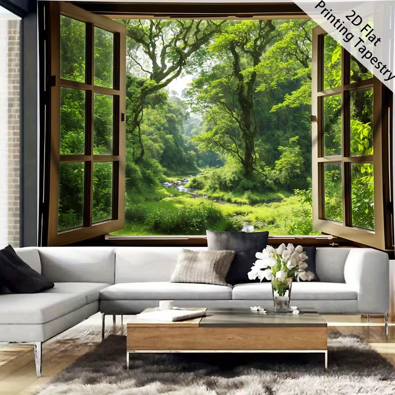 

Green Forest Through Window Tapestry 2D Nature Wall Hanging for Home & Photoshoot 47.2x31.5inch/120*80cm