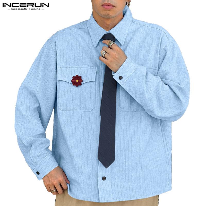INCERUN Oversized Men Lapel Neck Tie Up Long Sleeve Buttons Embroidery Casual Striped Shirts