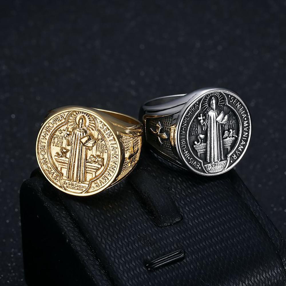Vintage 316L Stainless Steel Saint St. Benedict Exorcism Rings for Men Boys Fashion Catholic Amulet Jewelry Gifts Dropshipping