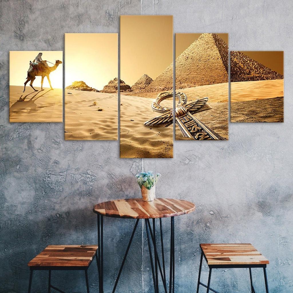 Egypt Pyramids Camel Animal Desert Scenery 5 Piece Five Panel Wall Canvas Print Modern Art Poster Picture Home Decor Gift For Him For Her