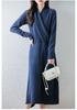 Women's V-Neck Knee-Length Pure Wool Dress - Loose Waist, Solid Color, Long Sleeve for Autumn/Winter