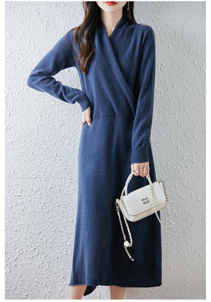 Women's V-Neck Knee-Length Pure Wool Dress - Loose Waist, Solid Color, Long Sleeve for Autumn/Winter