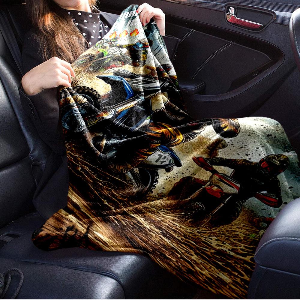 For Motocross,Dirt Track,Extreme Sports-Themed Flannel Blanket, Glam Style, Digital Print, All-Season Comfort, Tear-Resistant, Knitted Craft