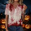 Women's Casual Halloween Printed V-Neck Short Sleeve Button Front T-Shirt