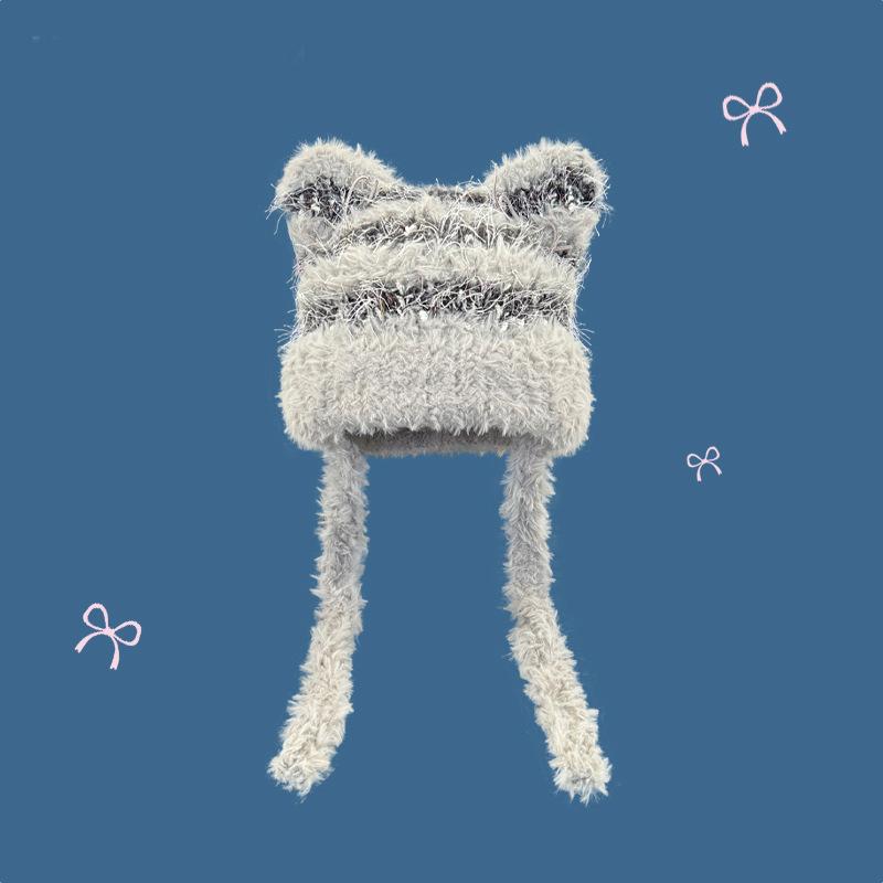 Hat Women's New Autumn and Winter Cute Plush Cat Ears Hat Warm Ear Protection Big Head Circumference Tide