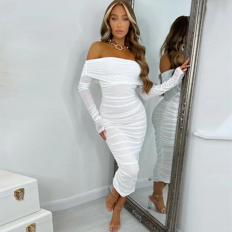 2025 European-American Solid Color One-Shoulder Ruched Slim Fit Party Dress