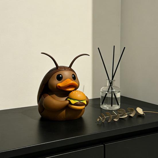 Cockroach Duck Figurine Cute Resin Duck Holding A Burger Ornament Collectible Cockroach Duck Sculpture for Home Office Desktop Car Dashboard Decor