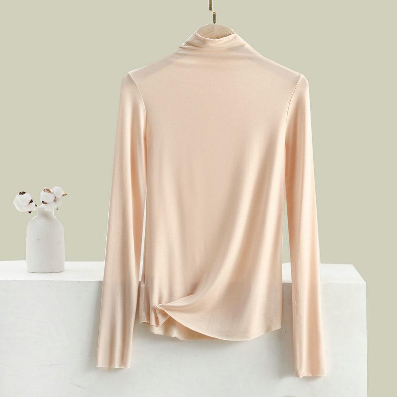Women Bottoming Tshirt Autumn Winter Mock Neck Slim Tee Shirt Solid Basic All Match Tops Undershirt