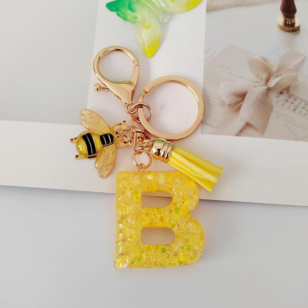 Yellow Bee Resin Glitter Letter Keychain Pendant Ornament