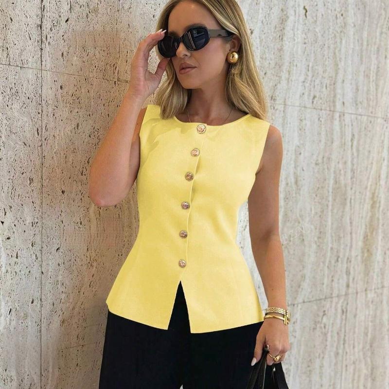 Spring and Summer Women's Metal Buckle Split Knitted Vest Slim Waistcoat Top Cardigan