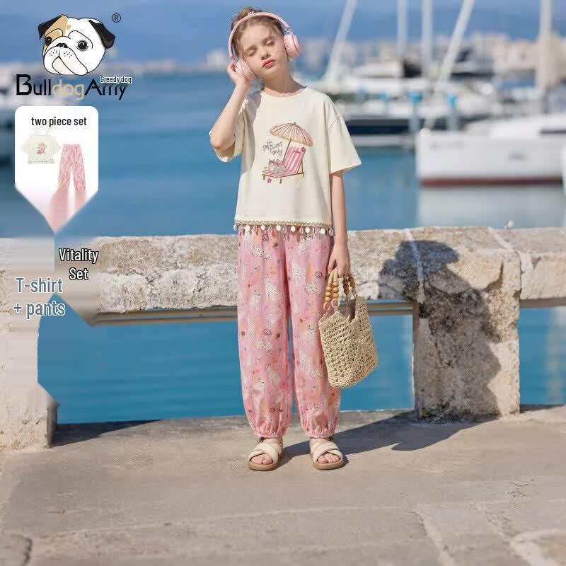 CHANZUIGOU Girls  Sunbath Kitten Print T-Shirt  Shorts Set 150 cm