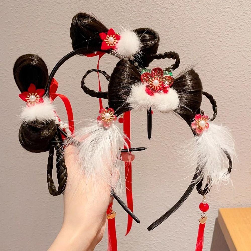 Tassel Chinese New Year Headwear Flower Red Bow Hairband Cute Children Wig Headband  Children