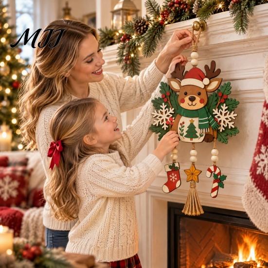 Handmade Holiday Ornaments Christmas Reindeer Hanging Ornament, Wooden Deer Decoration with Stocking Star Candy Party Supplies Cane Charms,