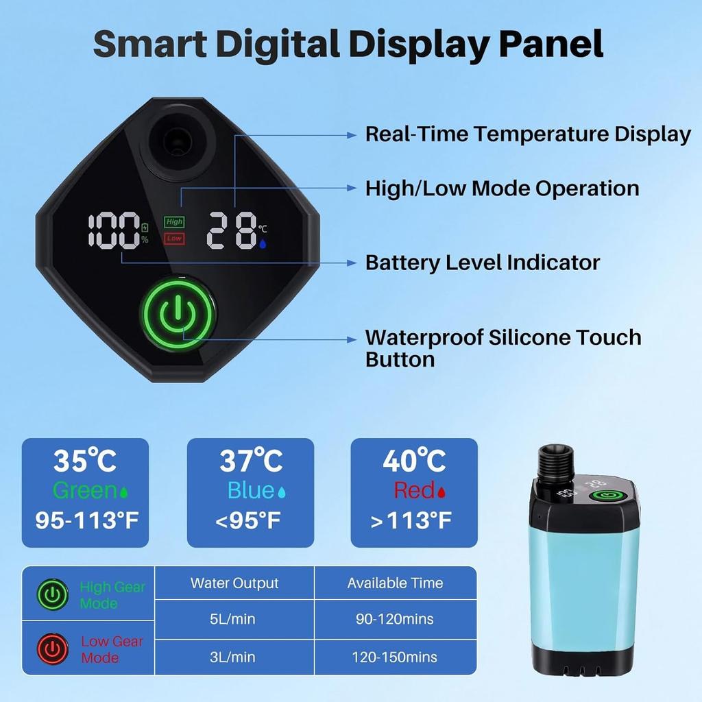 Doccia da Campeggio Portatile con Riscaldatore, Doccia Portatile Ricaricabile da 6000mAh con Riscaldatore a Immersione da 2000W, Display LED, Doccia da Campeggio Riscaldata per Viaggi,