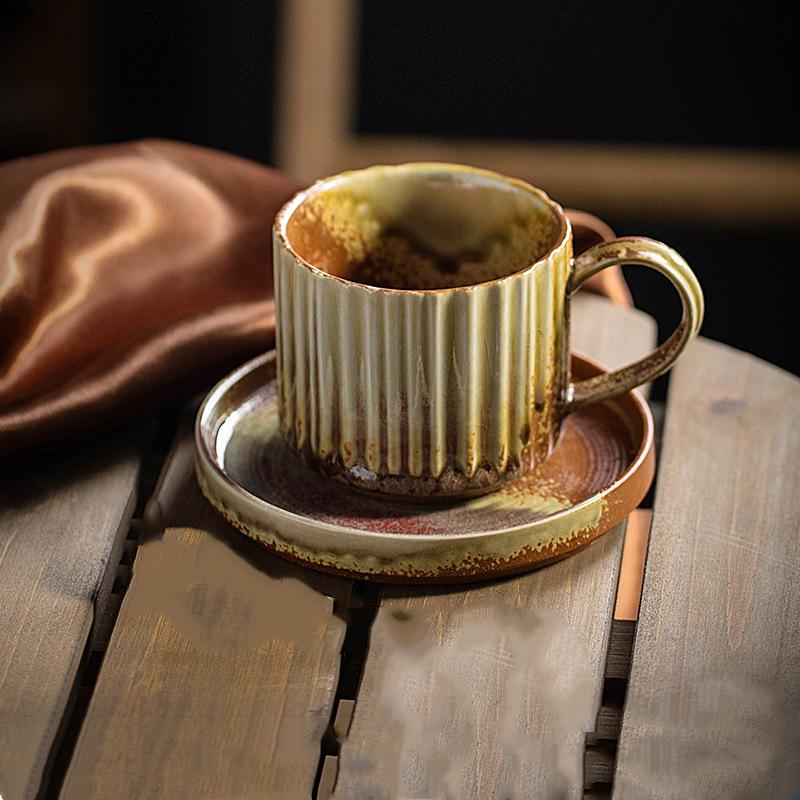 Retro Ceramic Cup Mug Style Simple Afternoon Tea Cup Creative Coarse Pottery Coffee Cup Saucer Set