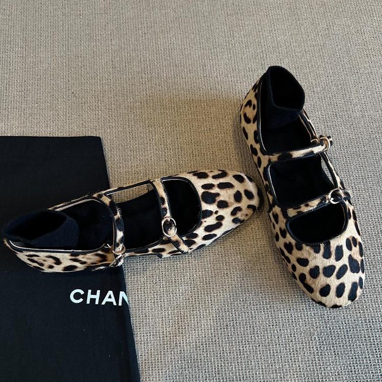 Sheepskin Version~ Niche Hollow Mary Jane Single Shoes Leather Retro Round Head Leopard Print Light Mouth Flat Bottom Ballet Shoes Women