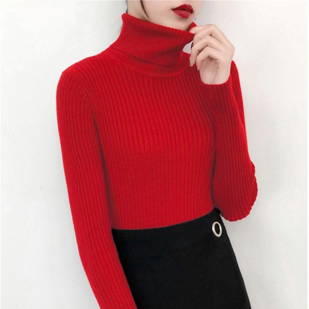 Svetr s vysokým límcem pro ženy, Slim fit a zeštíhlující top na podzim a zimu, Černé pletené základní triko se stylovým vzhledem