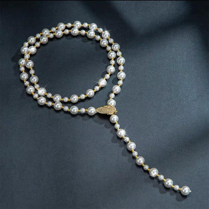 Pearl Long Necklace Women'S High Sense Tree Leaves Pearl Sweater Chain Temperament Versatile Autumn And Winter Accessories