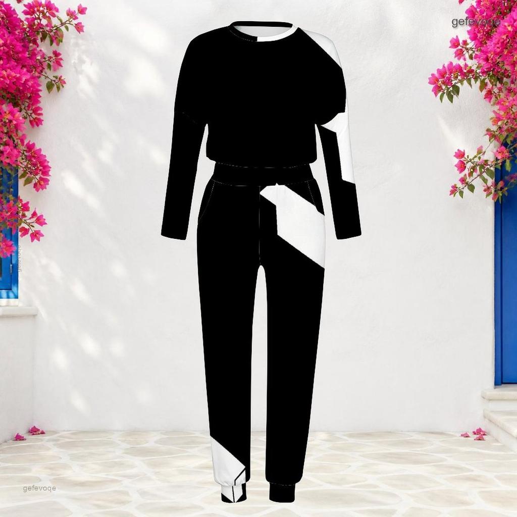 Women Plus Size Black White Printed Round Neck Long Sleeve Cuffed Top Cuffed Pants Two Piece Set