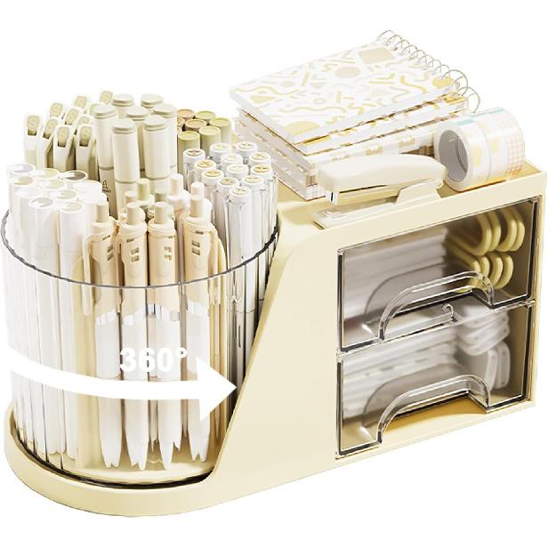 SAYEEC Rotating Desk Organizer with 2 Drawer 6 Slots Multi-Functional Pencil Pen Holder Desktop Makeup Organizer Stationery Accessories Storage Box
