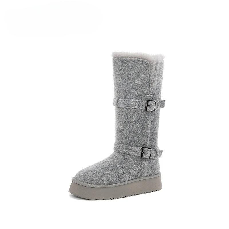 Wool~ 5cm Thick-soled Two-wear Snow Boots Women's Winter Velvet Thickened Fluffy Flanged Medium Boots Non-slip Northeast Cotton Boots