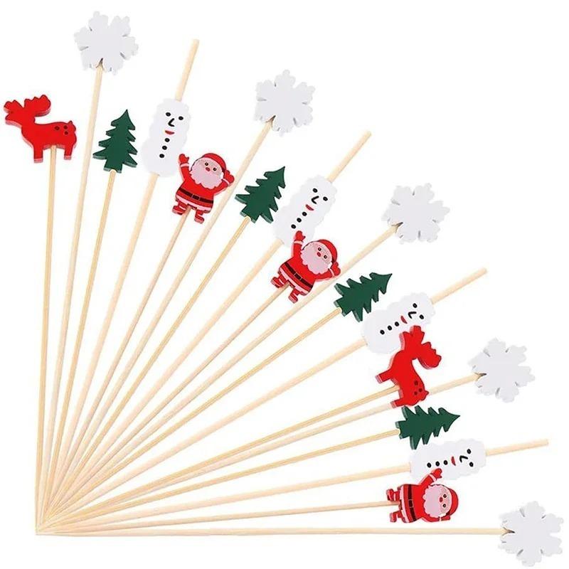 Christmas Disposable Bamboo Fruit Sticks Snowflake Tree Elk Santa Claus Holiday Kitchen Party Supplies Holiday Table Decoration