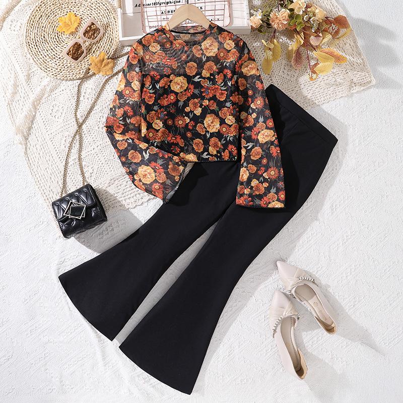 Girls  Elegant Floral Print Mesh Top & Long Pants Set - Autumn Fashion 160cm