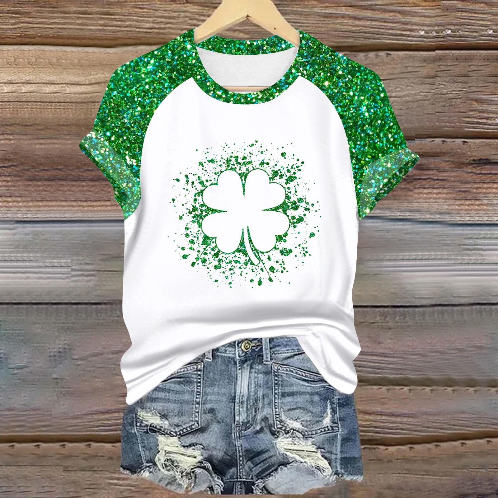 

Жіноча мода Студентський друкований топ-футболка з круглим вирізом і короткими рукавами на плечі до Дня Святого Патрика XXXXXL зелений