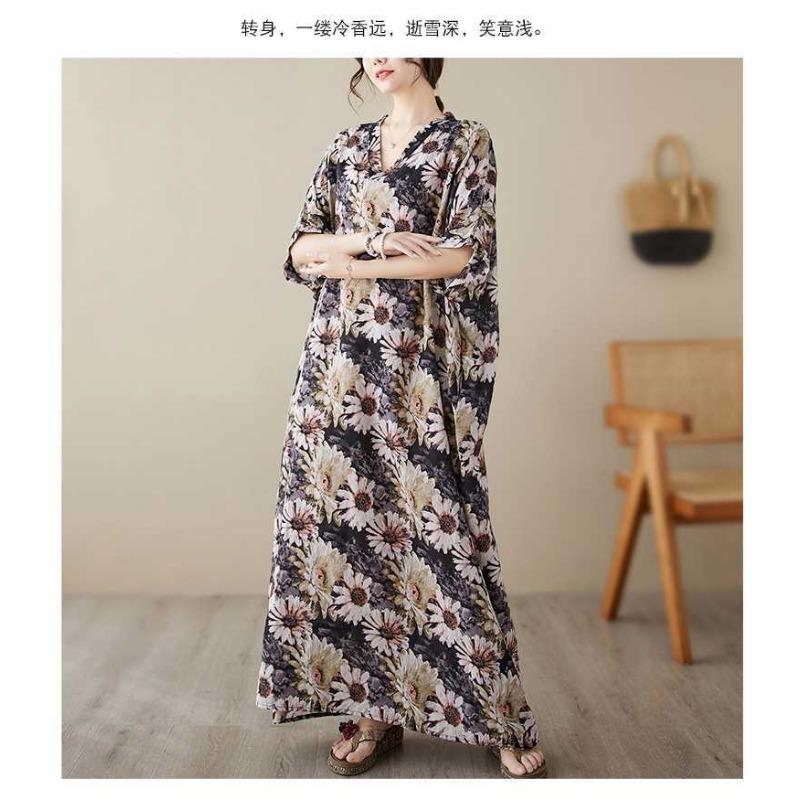 V-neck Thin Plus Size Loose Vintage Cover-up Long Dress