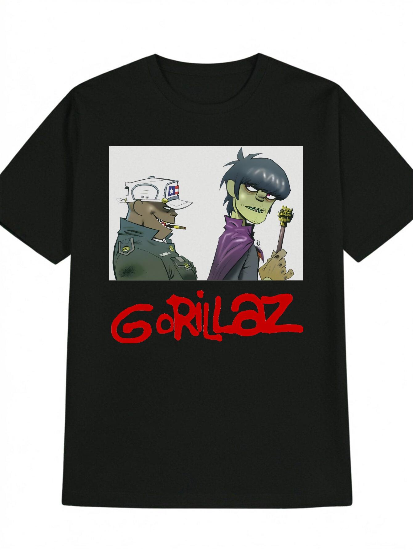 Casual Graphic T-shirt with Gorillaz Cartoon Character Print - Black Round Neck Summer Tee XXXL