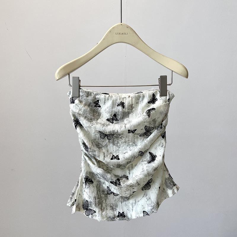 French Spicy Summer Butterfly Print Ruffled Bandeau Top for Women S (80-95 lbs)