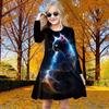 Girl Casual 3D Print Pink Crystal Cat Round Neck Long Sleeve Dress Kid Princess Dress