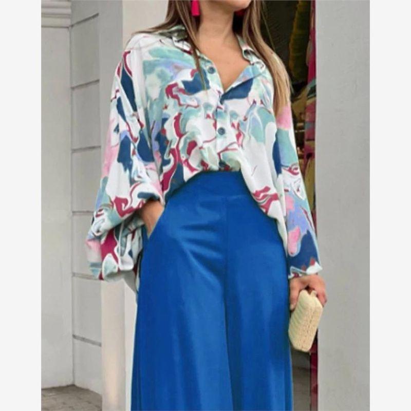 Casual Two Piece Sets Women Loose Casual Print Shirt Tops Loose Pants Two-piece Set