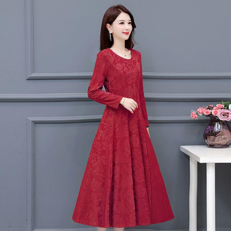 Luxury Floral Jacquard Round Neck Long Sleeve Maxi Dress for Mothers Elegant Ballroom Dance Dress