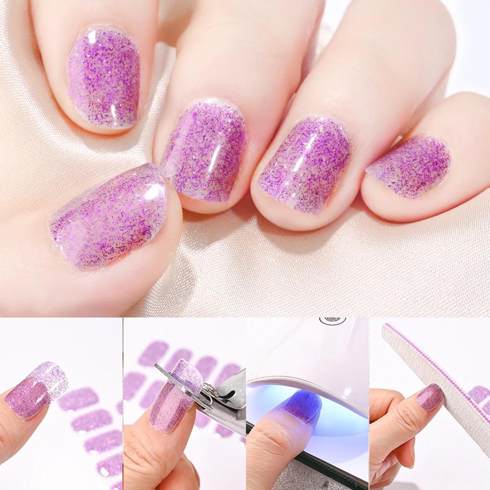 16Tips UV Semi-Cured Gel Nail Art Stickers Combo Pack Glitter High-Gloss Water-Proof Polish Wraps Full Cover Manicure Nails