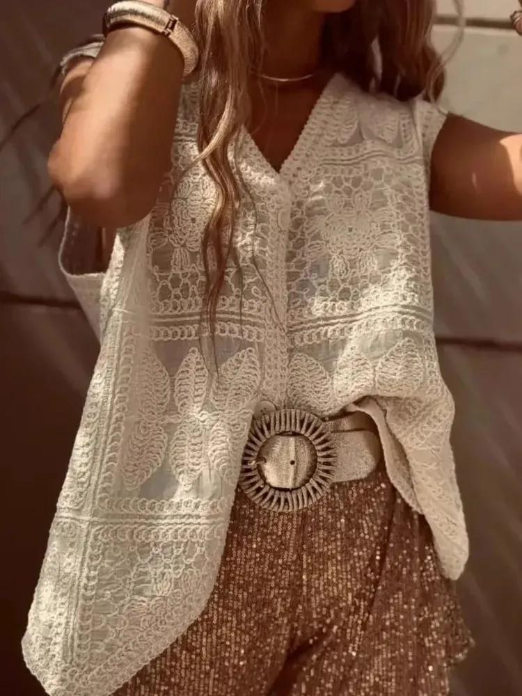 

Women s Casual Embroidered Lace Vest One Size бежевый