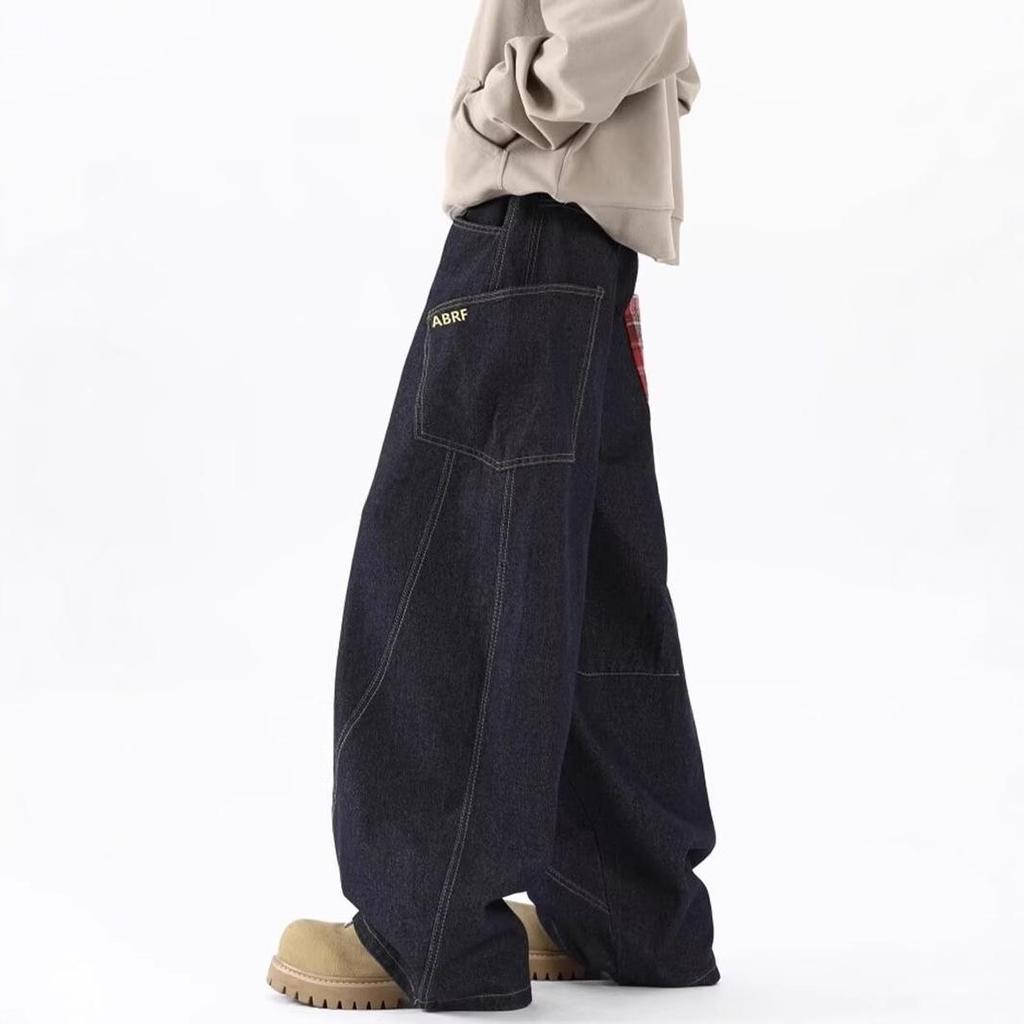 Pánské kostkované patchworkové zeštíhlující džíny se širokými nohavicemi