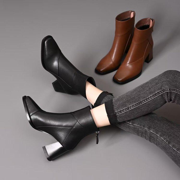 Comfortable Thick Heel Short Boots Autumn and Winter New High Heel Bare Boots Velvet Square Head Black Thin British Martin Boots