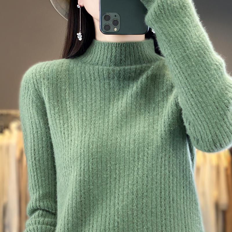 Damski sweter z półgolfem, kaszmir Qinghe, 30% kaszmiru, 70% wełny, zimowy sweter dzianinowy, jesienny sweter kaszmirowy