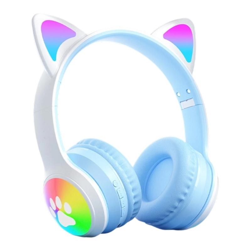 Active Noise Cancelling Wireless Bluetooth-compatible Cats  Ear Headphones Led Foldable Earphones TF Card Support