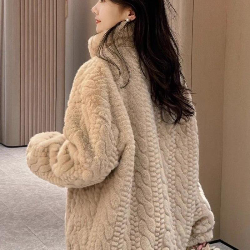 Imitation Rex rabbit fur jacket women's light winter loose stand-up collar thickened imitation mink hair twist coat