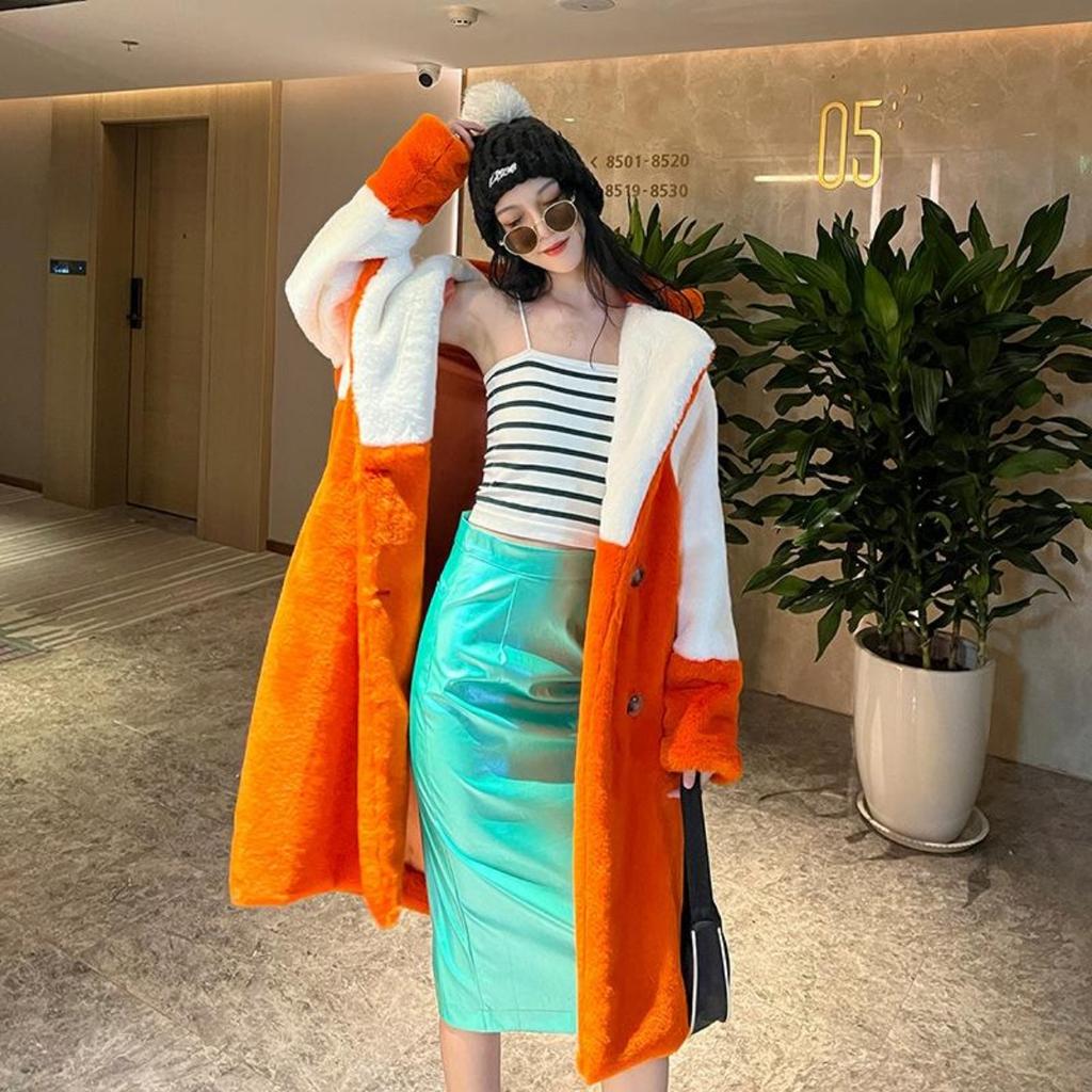 Cappotto lungo in pelliccia sintetica arancione bianco patchowrk da donna con risvolto, giacca soffice, soprabito in pelliccia di peluche, inverno 2024, nuovo capospalla