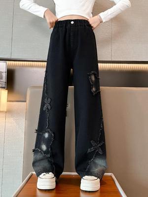 Jeans larghi neri tie-dye con applicazione di farfalla per bambina - Collezione Autunno 2025