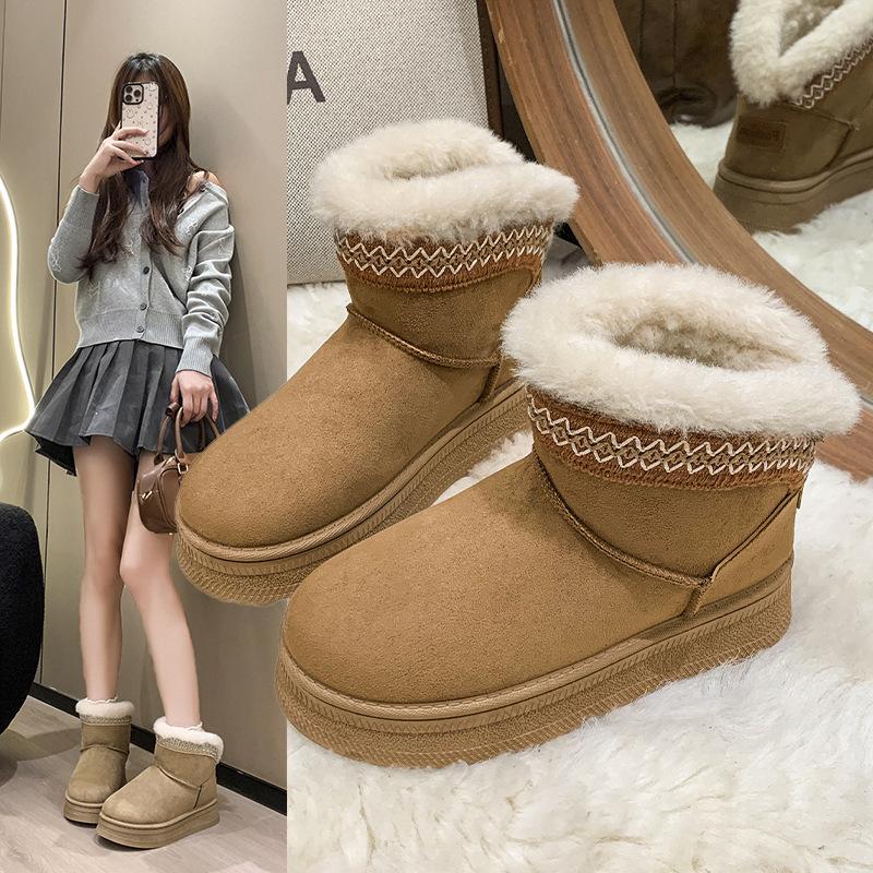 Women's Fur Mouth Fashion Lightweight Soft Sole Winter Warm Fur One Snow Boots Padded Lined Non-slip Casual Sports Cotton Boots