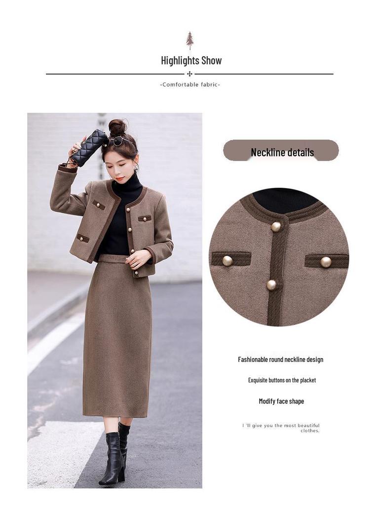 Women's High-End Autumn/Winter 2025 Fashion Wool Short Jacket & Mid-Length Skirt Set