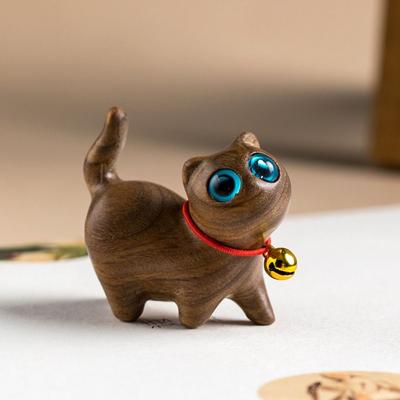 Home Decor Sandalwood Cat Desktop Figurine Mini Cartoon Wooden Carved Figurine Durable Kawaii Animal Bedroom